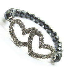 8MM faceted Round beads Stretch Hematite bracelet with double heart alloy